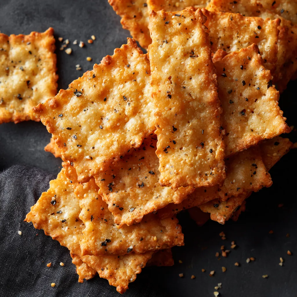 A pile of crackers with black pepper on a table.
