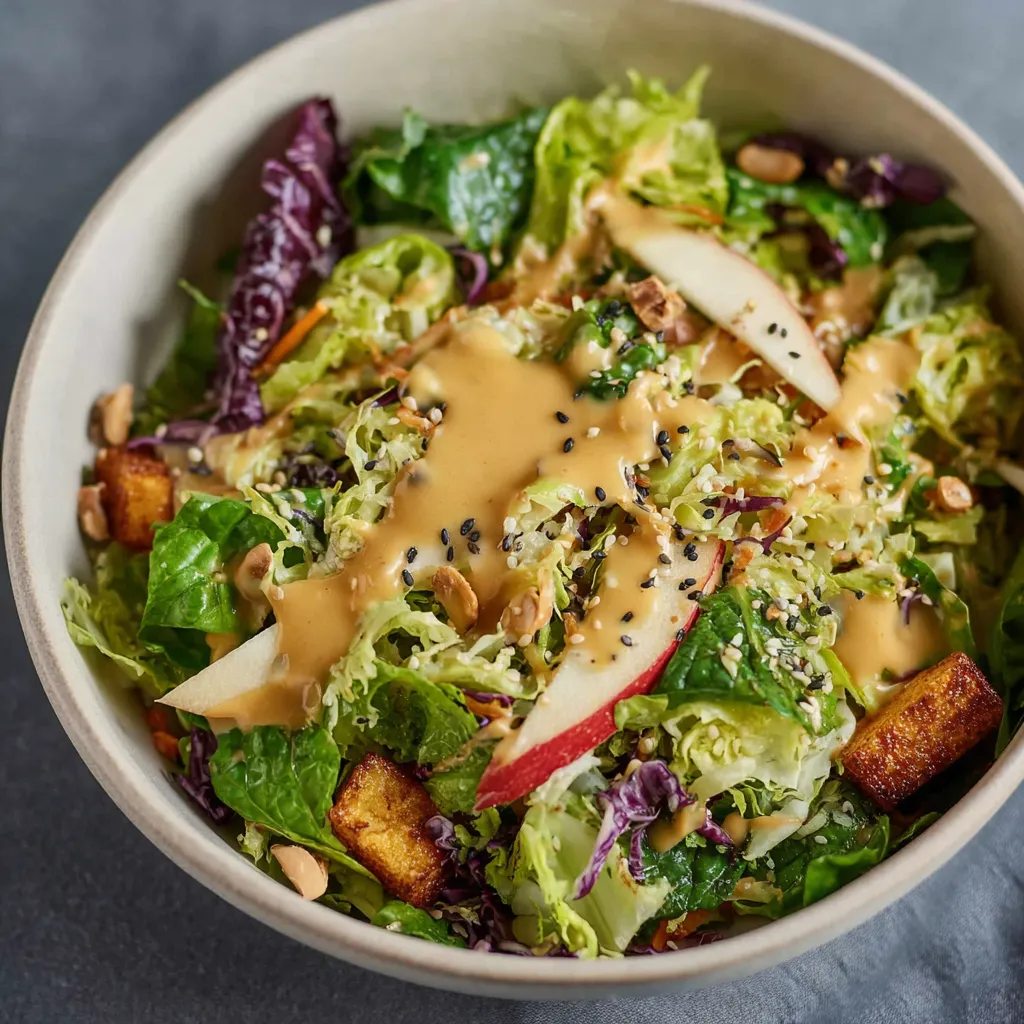 A bowl of salad with a dressing.