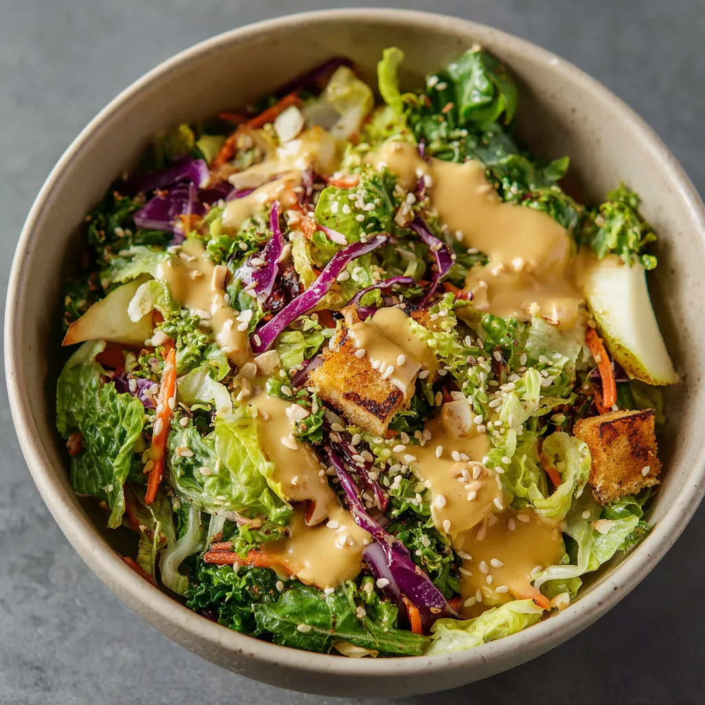 A bowl of salad with dressing.
