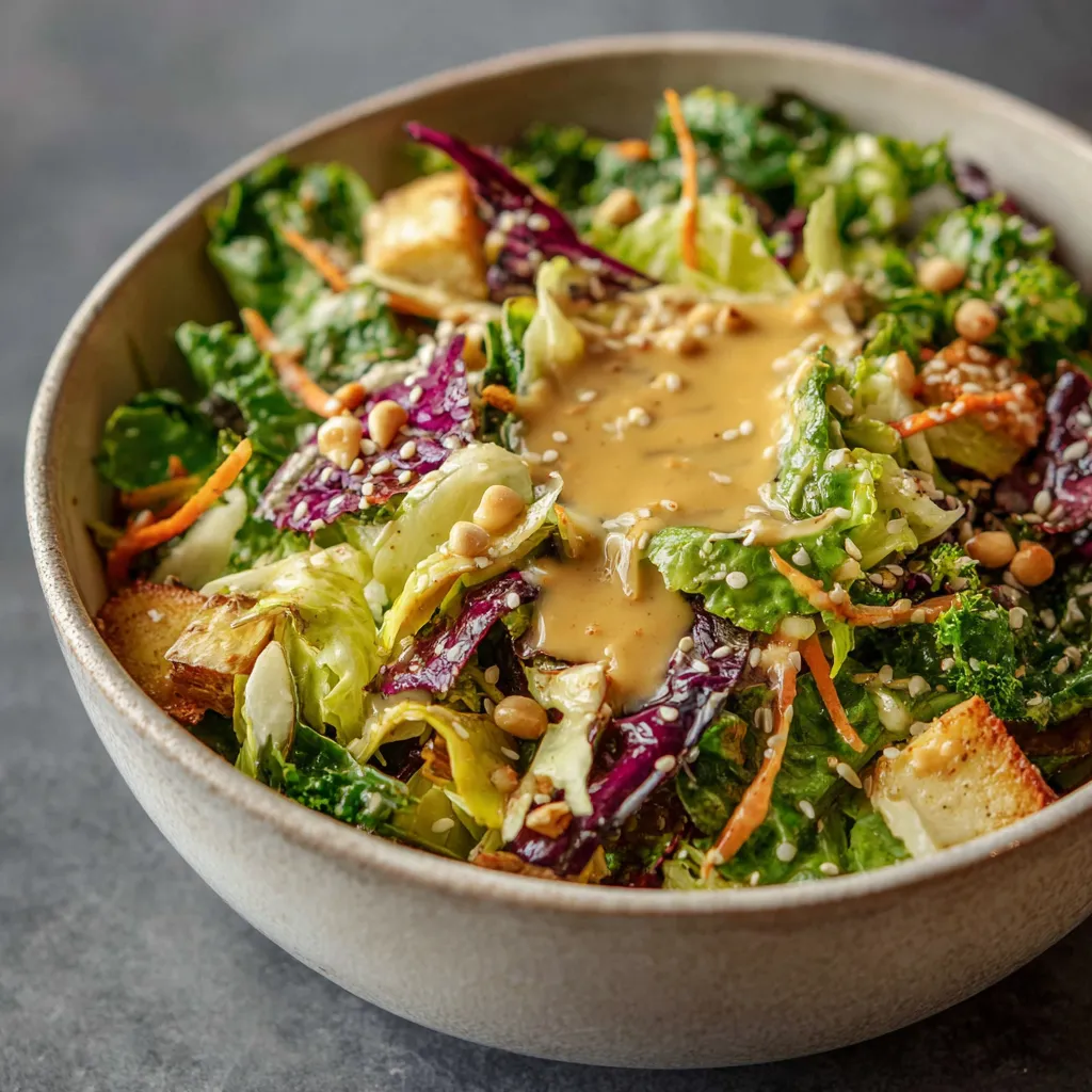 A bowl of salad with peanut sauce.