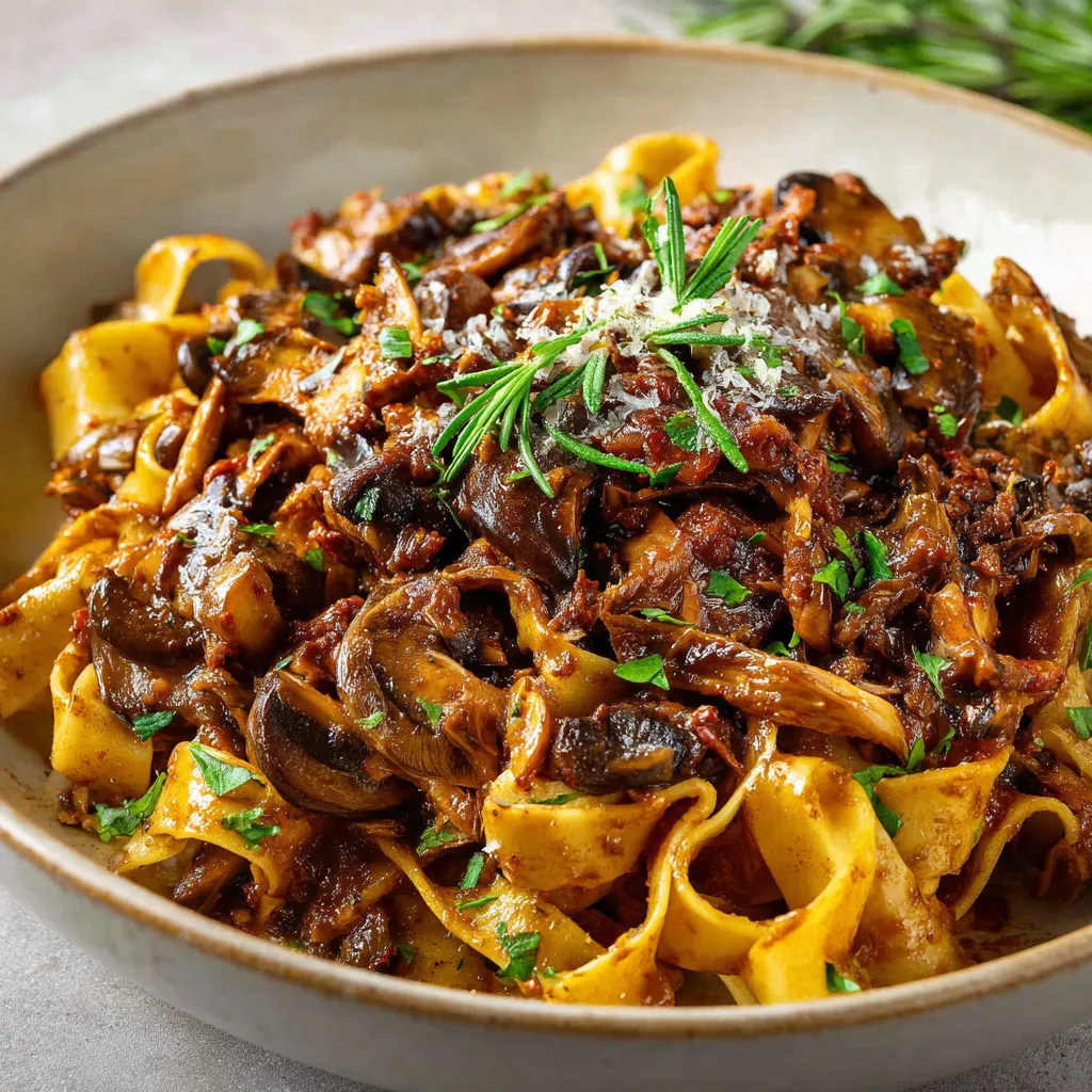 A bowl of pasta with mushrooms and herbs.