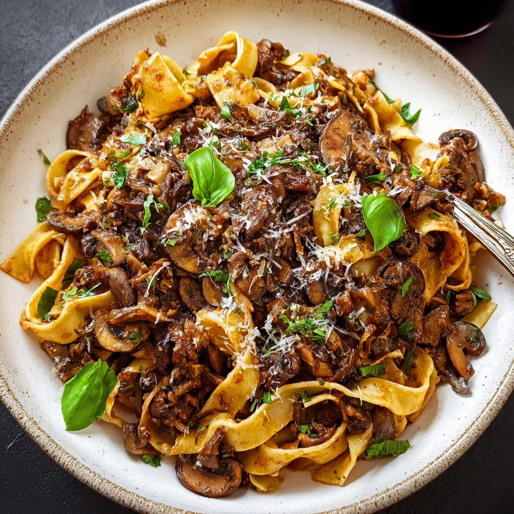 A plate of pasta with mushrooms and cheese.