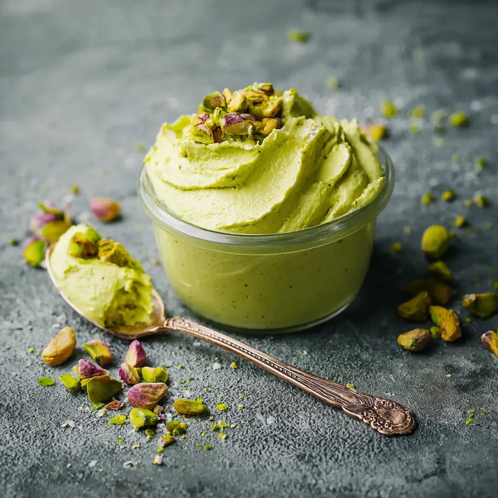 A bowl of green pudding with a spoon in it.