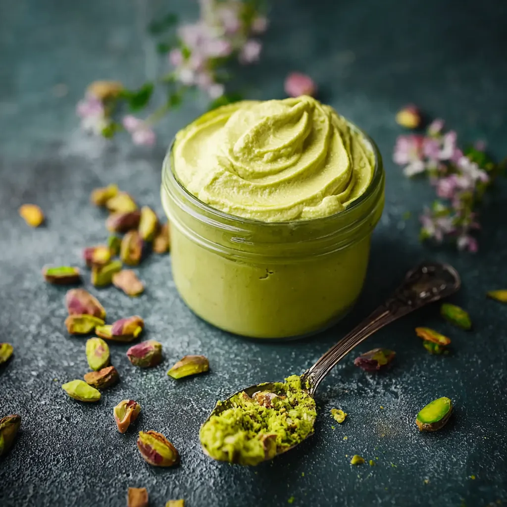 A spoonful of green stuff in a jar.