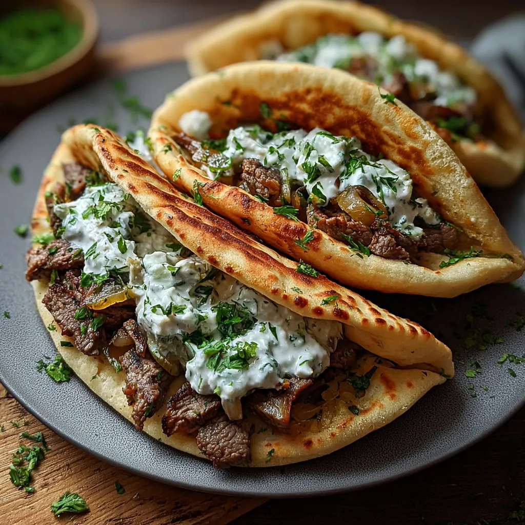 Two meat pita sandwiches with white sauce.