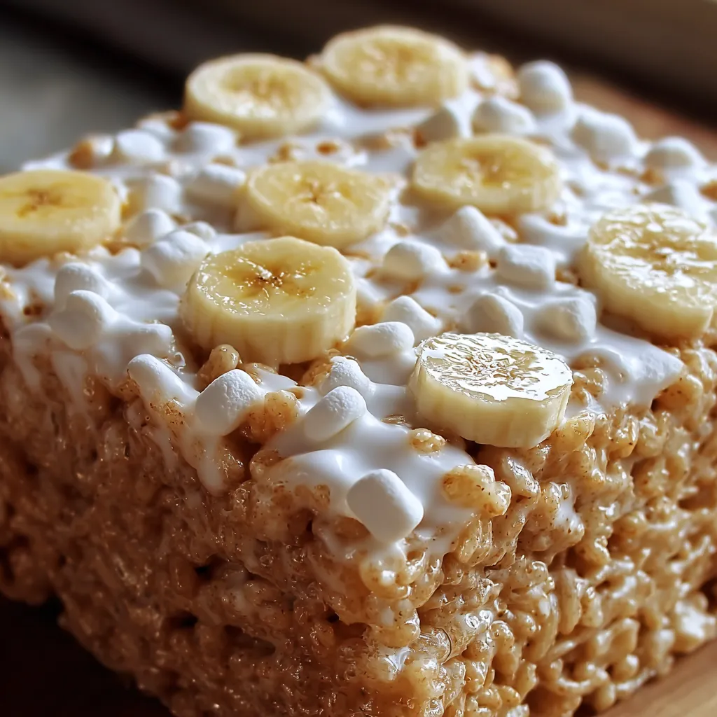 A square of cereal with bananas and marshmallows.