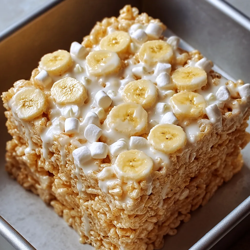 A square of cereal with bananas and marshmallows.