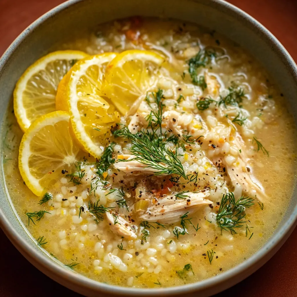 A bowl of soup with lemon slices and chicken.