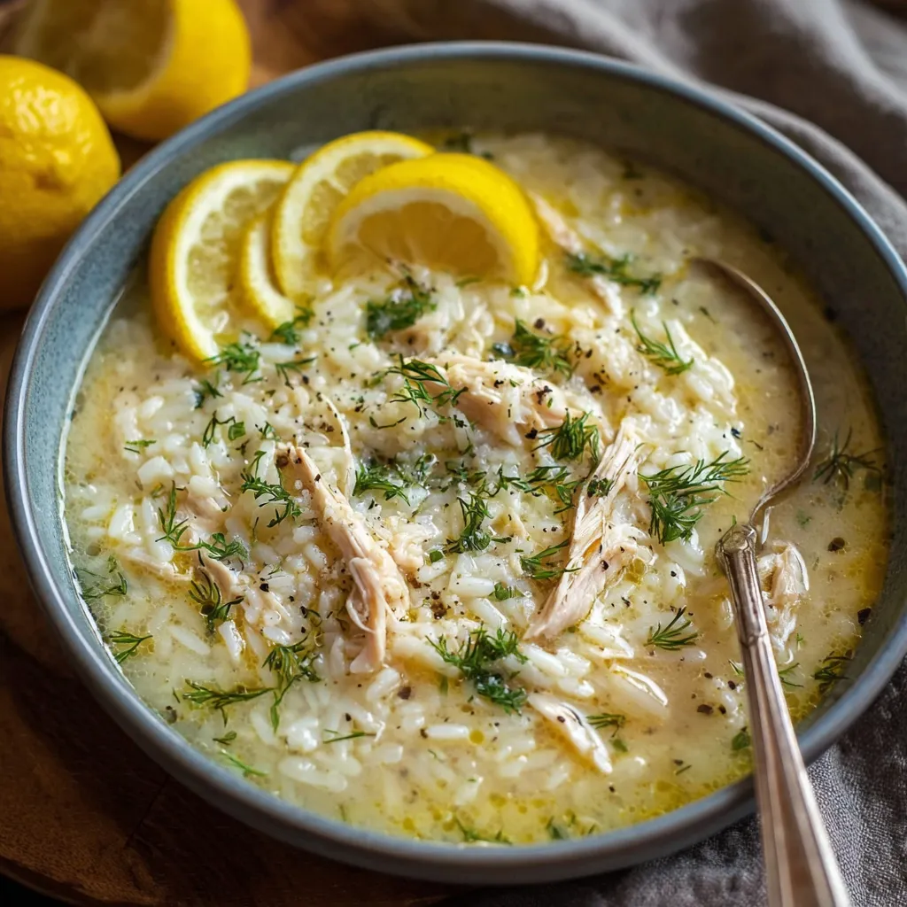 A bowl of soup with lemon slices and chicken.
