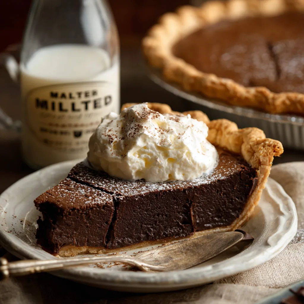 A slice of chocolate pie with whipped cream on top.