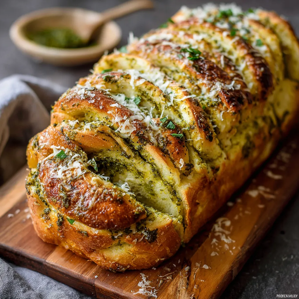 A loaf of bread with cheese and herbs on top.