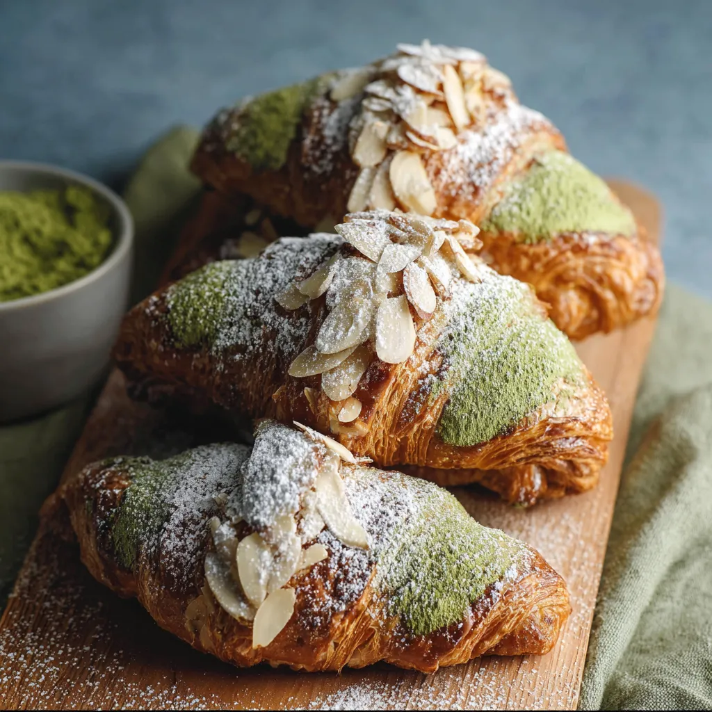 Three pastries with almonds on a wooden board.