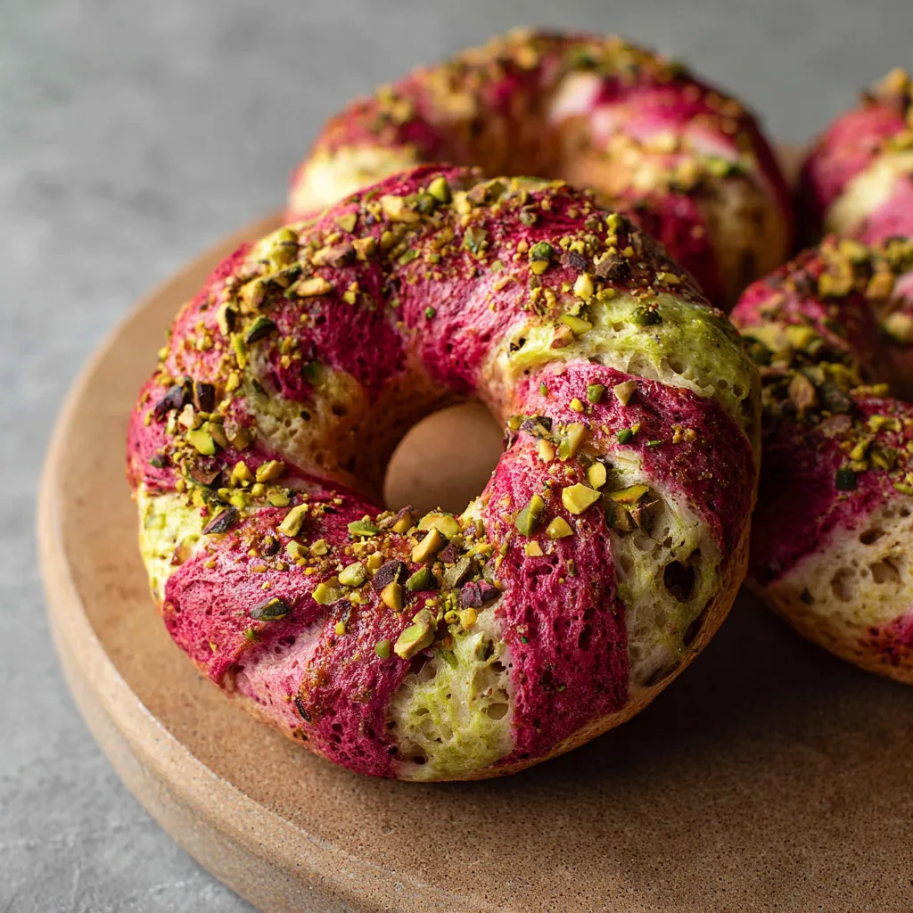 A colorful donut with pink, white and green frosting.
