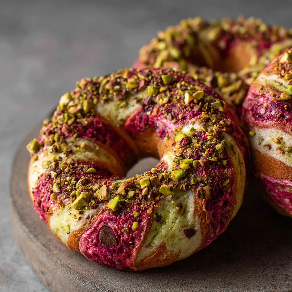 A plate of donuts with pink frosting and nuts.