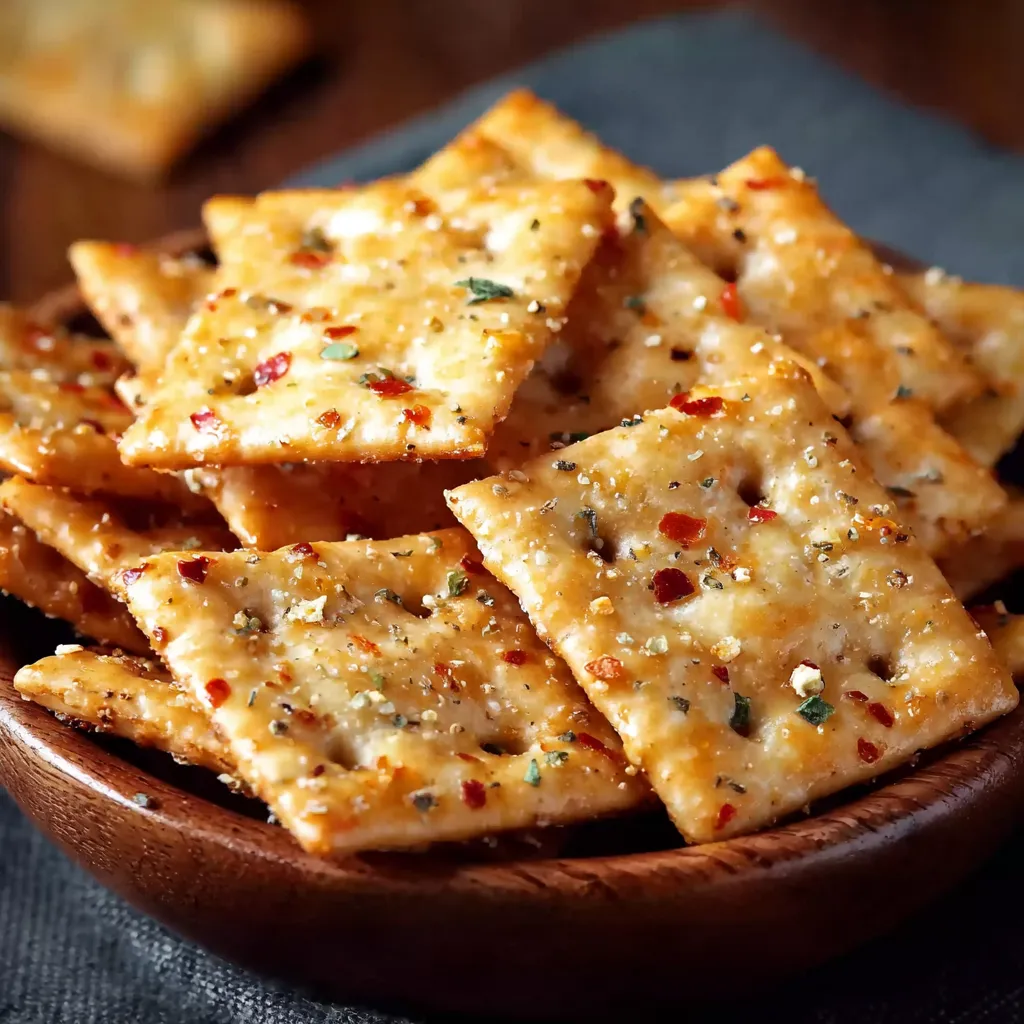 A wooden bowl filled with crackers.