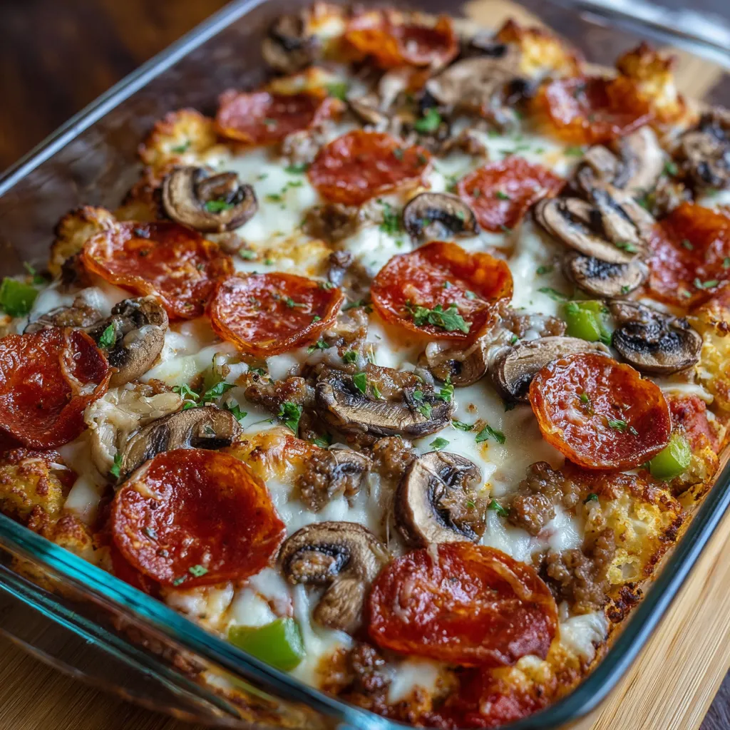 A pan of food with pepperoni, mushrooms, and cheese.
