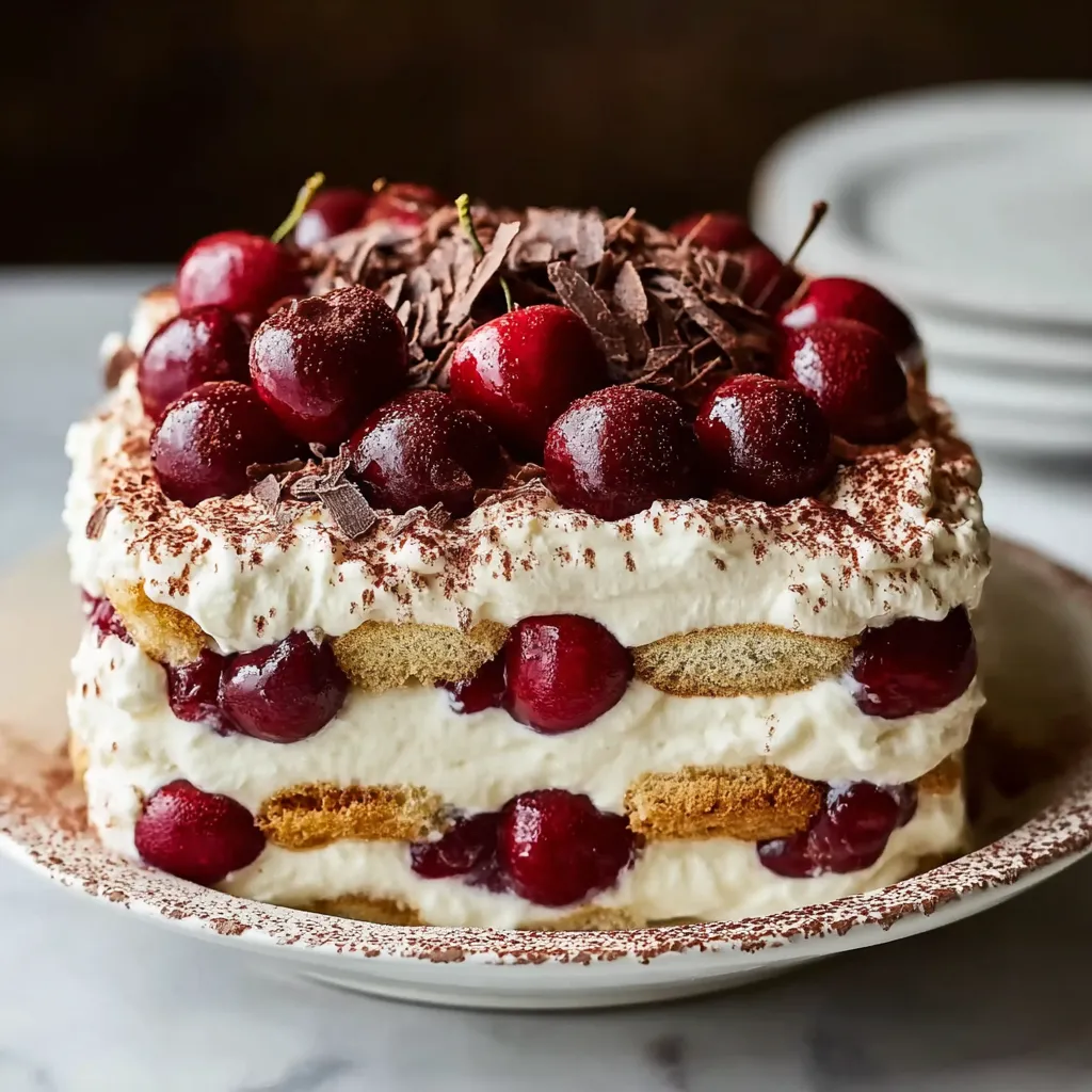 A cake with cherries and chocolate.