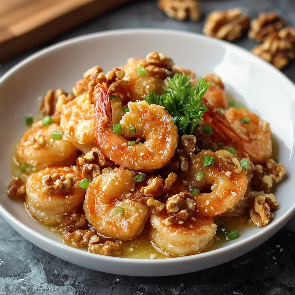 A white bowl filled with shrimp and nuts.