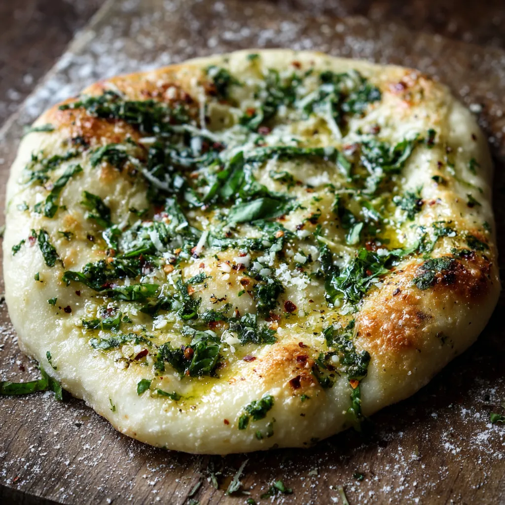 A pizza with cheese and herbs on top.