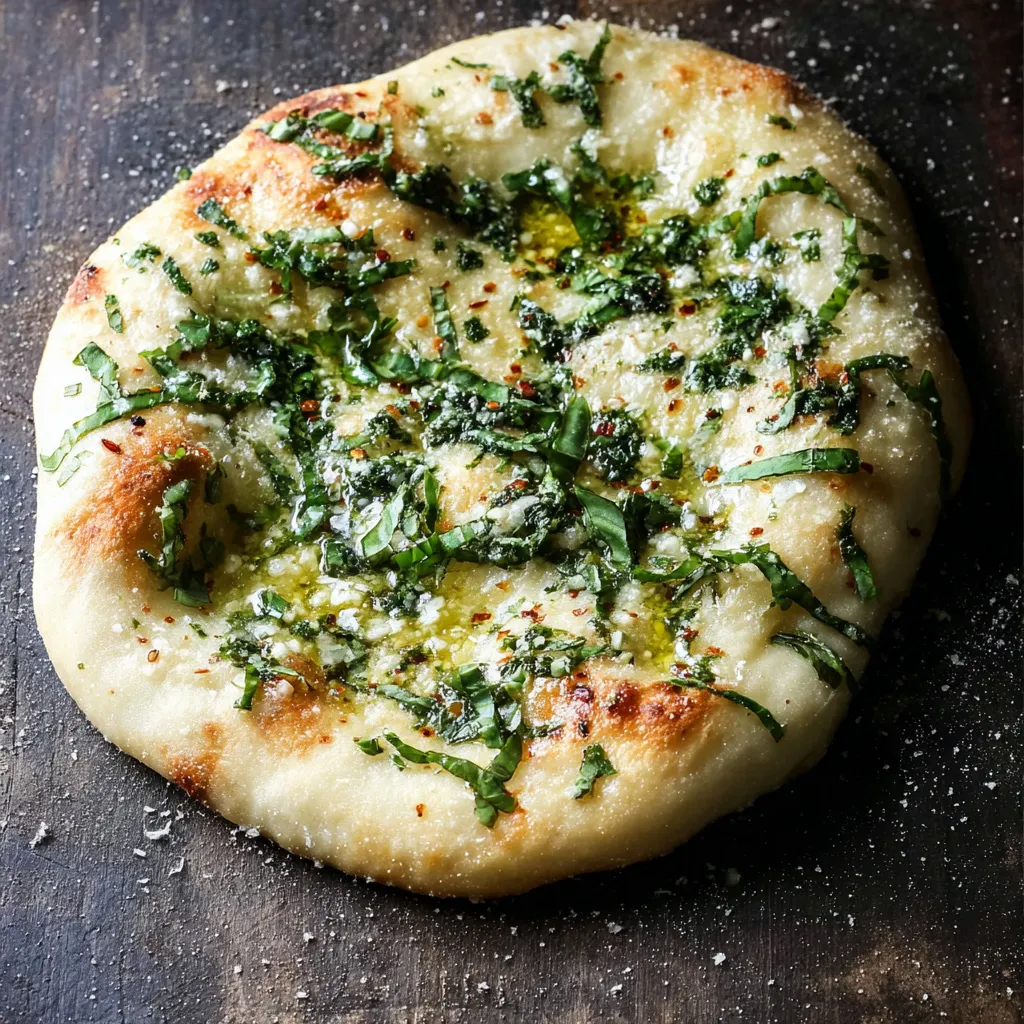 A pizza with green toppings on a wooden table.