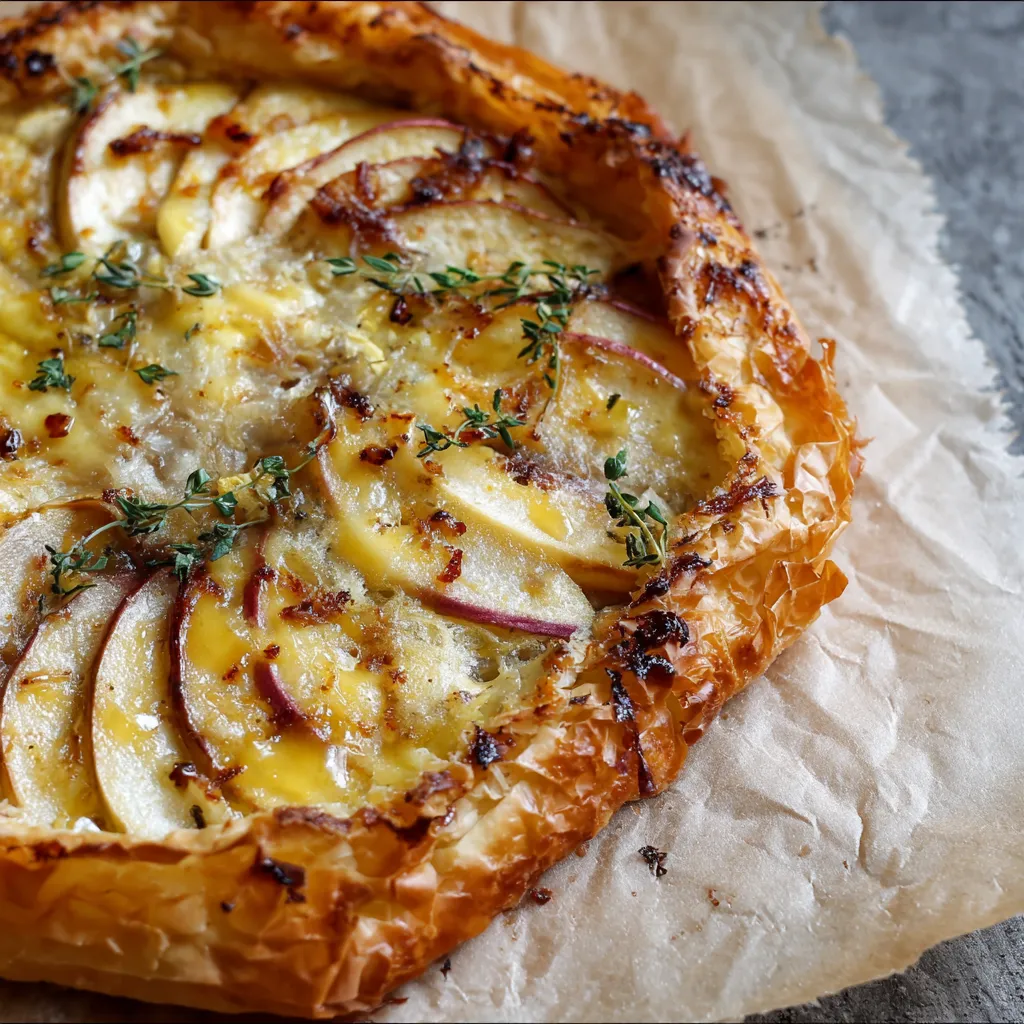 A pastry with apples and cheese on top.