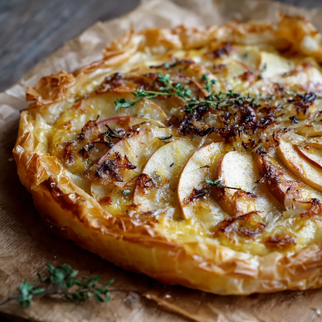 A pastry with a brown crust and a filling of apples and cheese.