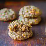 A stack of cookies on a table.