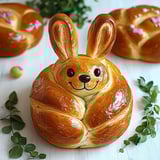 A bun shaped like a rabbit with a carrot in its mouth.