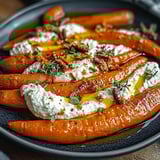 A plate of carrots with white sauce on top.
