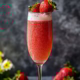 A glass of red wine with strawberries on top.