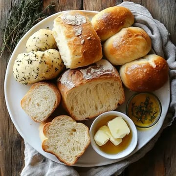 A platter of various freshly baked breads, including rolls and loaves, accompanied by butter and honey in small bowls, garnished with herbs.