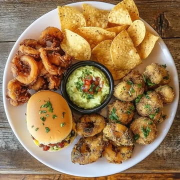 A platter featuring a burger, crispy onion rings, tortilla chips with guacamole, and various fried vegetable bites, all garnished with fresh herbs.