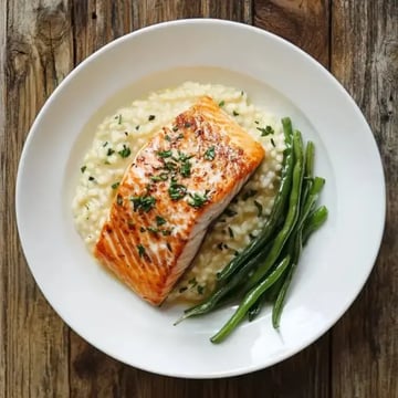 A plate of seared salmon atop creamy risotto, accompanied by green beans and garnished with parsley.