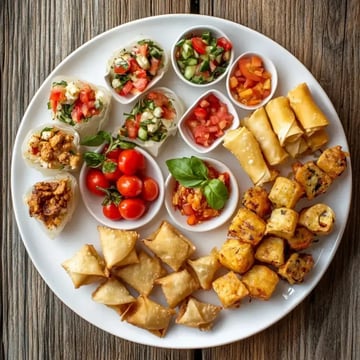 A white platter displays an assortment of colorful appetizers, including fresh spring rolls, cherry tomatoes, dips, and fried pastries, arranged appealingly on a wooden table.