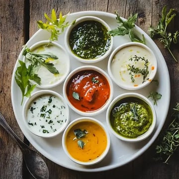 A round platter features eight small bowls filled with various colorful dips and sauces, garnished with herbs, on a wooden table.