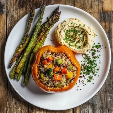 A stuffed orange bell pepper filled with quinoa and vegetables, served with roasted asparagus and a dollop of hummus sprinkled with herbs on a white plate.