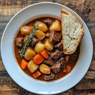 A bowl of beef stew with potatoes, carrots, and herbs, accompanied by a slice of bread.