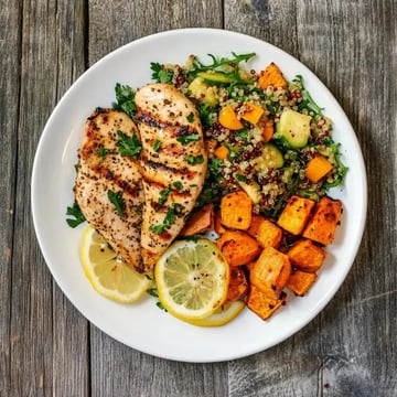 A plate of grilled chicken breast garnished with parsley, served with quinoa salad and roasted sweet potatoes, alongside lemon slices.