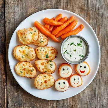 A white plate holds baked cheesy potato snacks, smiling cheese-topped bites, steamed carrots, and a small dish of dipping sauce.