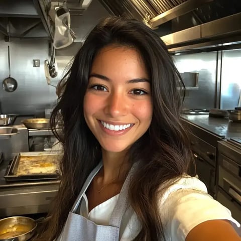 A smiling woman in an apron poses for a selfie in a professional kitchen.