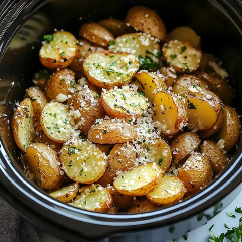 A close-up of sliced, roasted baby potatoes topped with herbs and cheese in a bowl.