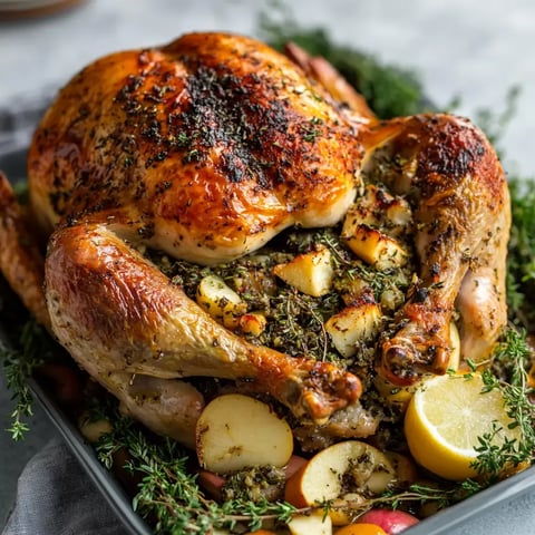 A beautifully roasted whole chicken is resting on a platter, stuffed with herbs and surrounded by potatoes and lemon slices.