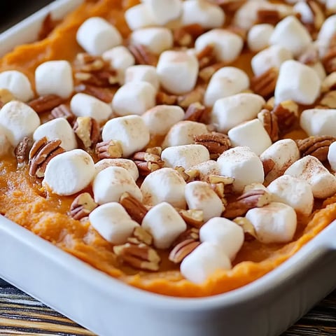 A close-up of a baked sweet potato casserole topped with marshmallows and chopped pecans.