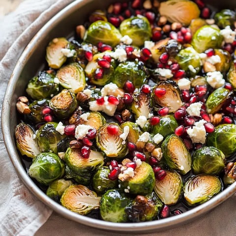 A dish of roasted Brussels sprouts topped with pomegranate seeds, crumbled feta cheese, and chopped nuts, presented in a metal serving tray.