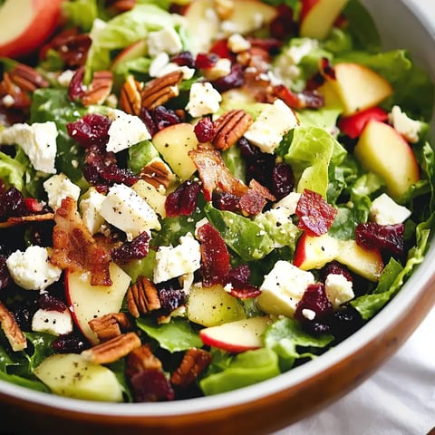 A vibrant salad featuring leafy greens, sliced apples, cranberries, pecans, bacon bits, and crumbled cheese, presented in a wooden bowl.