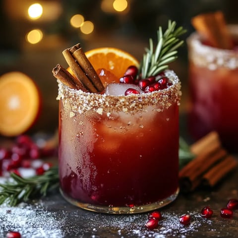 A festive cocktail garnished with cinnamon sticks, orange slices, and pomegranate seeds, served in a glass with a sugared rim.