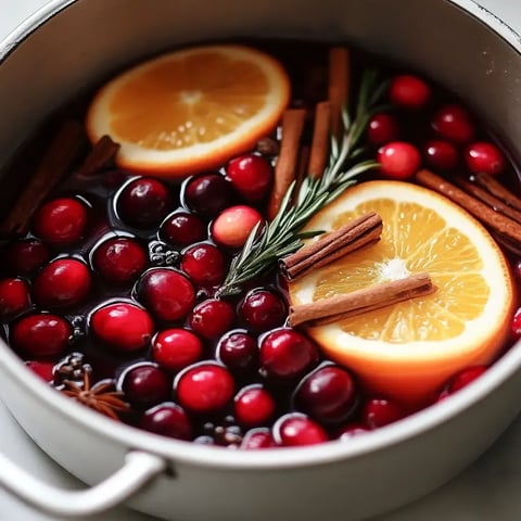 A pot filled with a mixture of cranberries, orange slices, cinnamon sticks, and rosemary in a dark liquid.