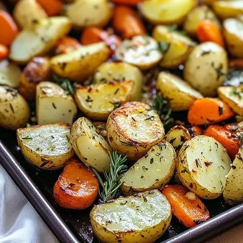 A close-up of roasted potatoes and carrots garnished with herbs on a baking sheet.