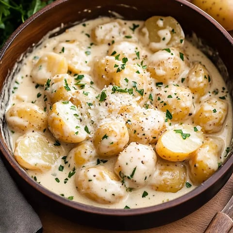 A bowl of creamy gnocchi with potatoes, garnished with chopped parsley and grated cheese.