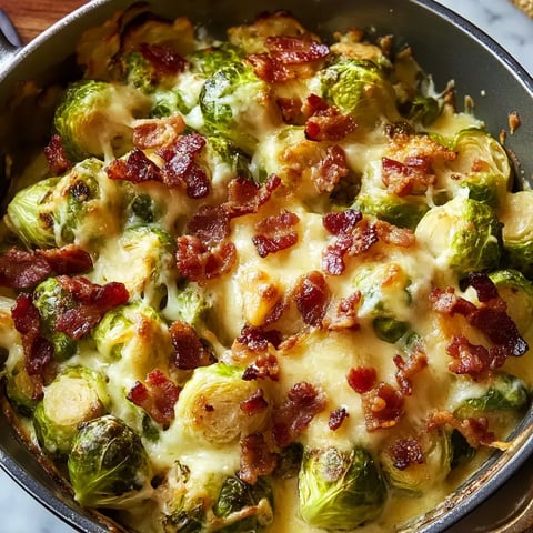 A close-up of a baked dish featuring Brussels sprouts topped with melted cheese and crispy bacon.